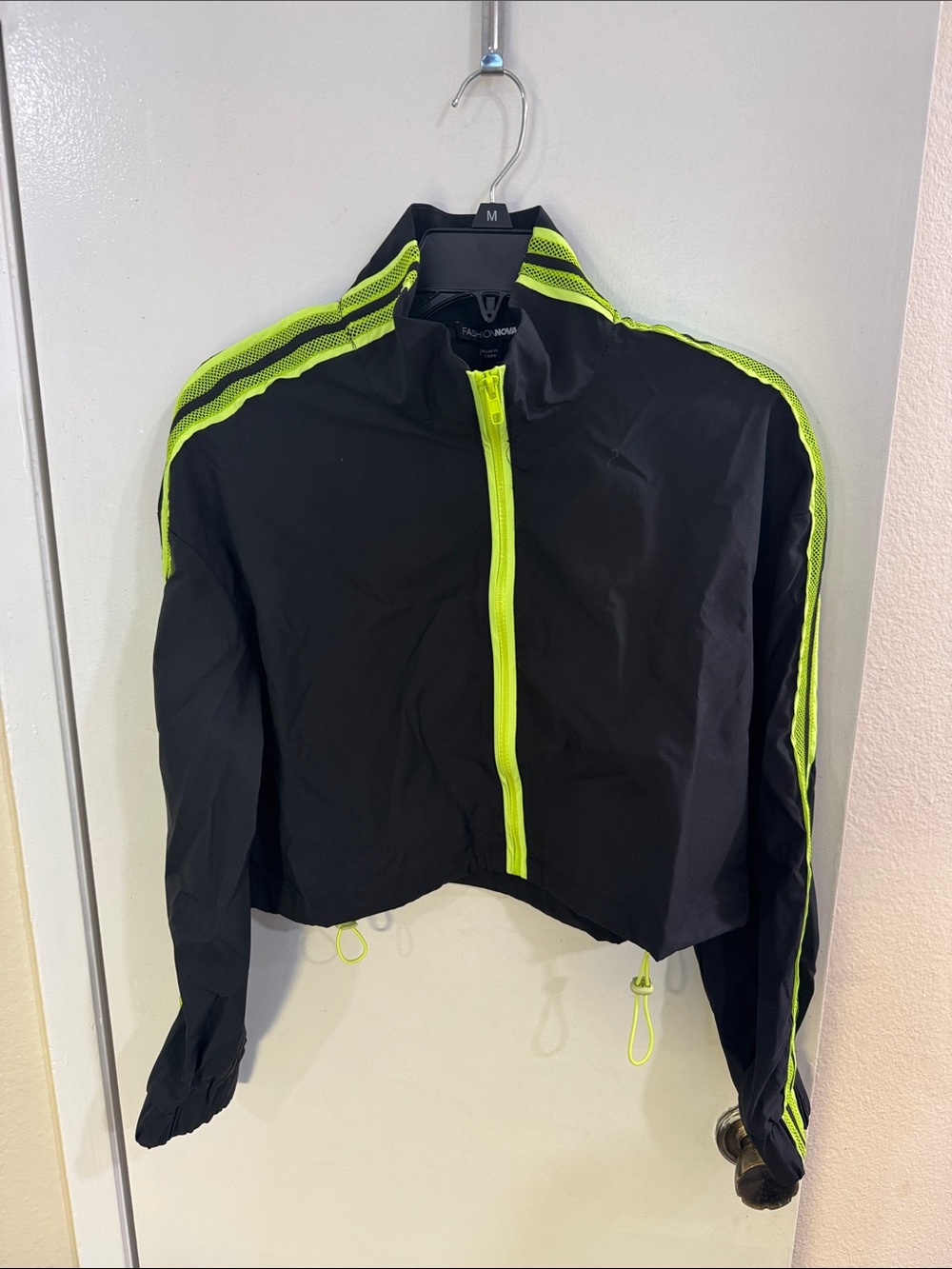 Fashion Nova Black Cropped Jacket with Neon Yellow Trim